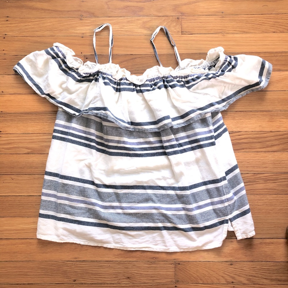 Blue and White Off-The-Shoulder Blouse | Size L